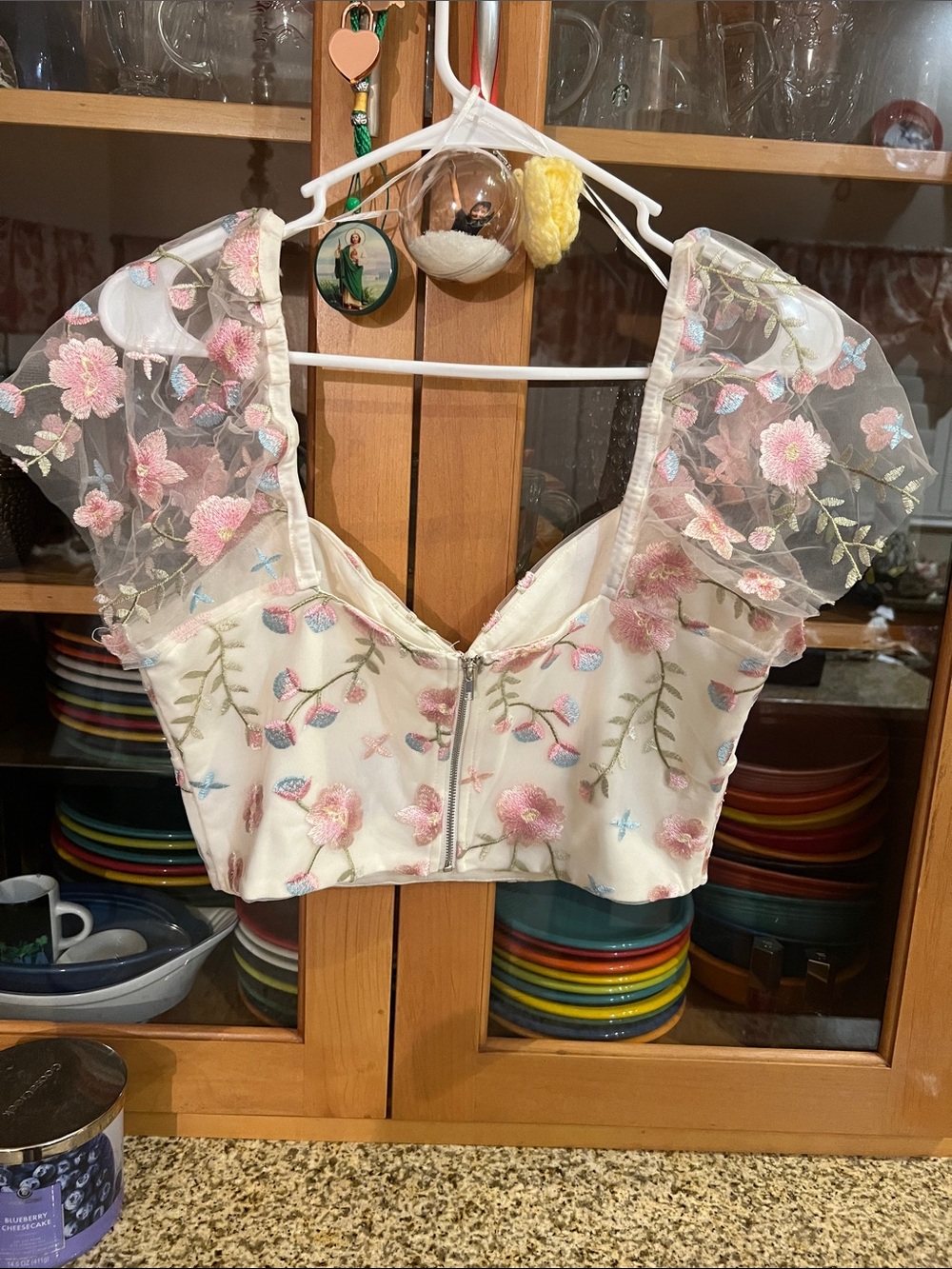 Altar'd State White Crop Top with Pink Floral Embroidery - Picture 6 of 8